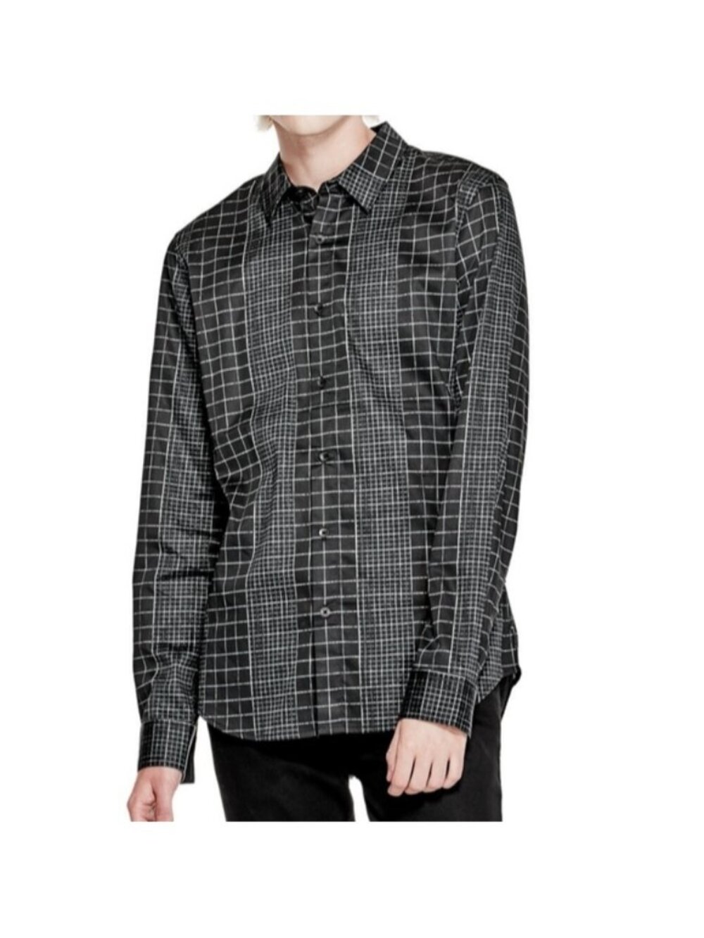 GUESS Mens XS Slim Fit Black Green Grid Print Long Sleeve Button Down Shirt
